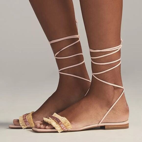Anthropologie Embellished Tie Up Pink/Rose Raffia Square Toe Sandals New in Box - Picture 1 of 12